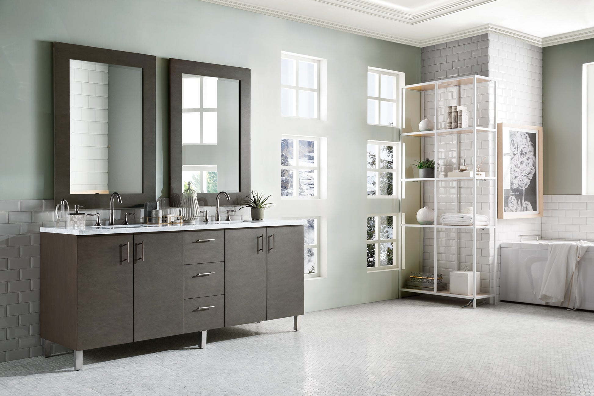 Metropolitan 72" Silver Oak Double Vanity w/ 3 CM Arctic Fall Solid Surface Top James Martin Vanities