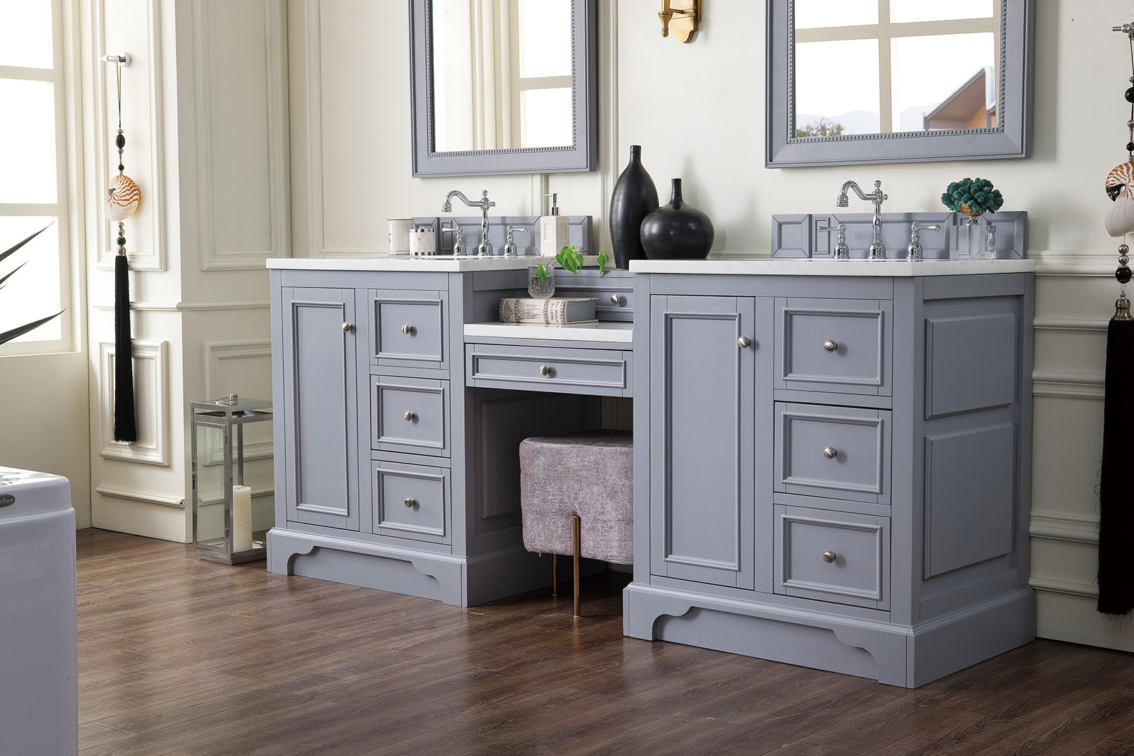De Soto 82" Double Vanity Set, Silver Gray w/ Makeup Table, 3 CM Arctic Fall Solid Surface Top James Martin Vanities