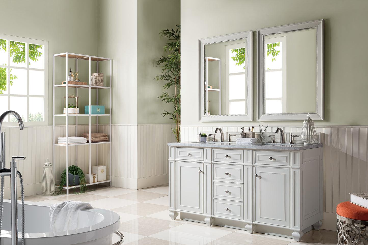 Bristol 60" Double Vanity, Bright White, w/ 3 CM Carrara Marble Top James Martin Vanities