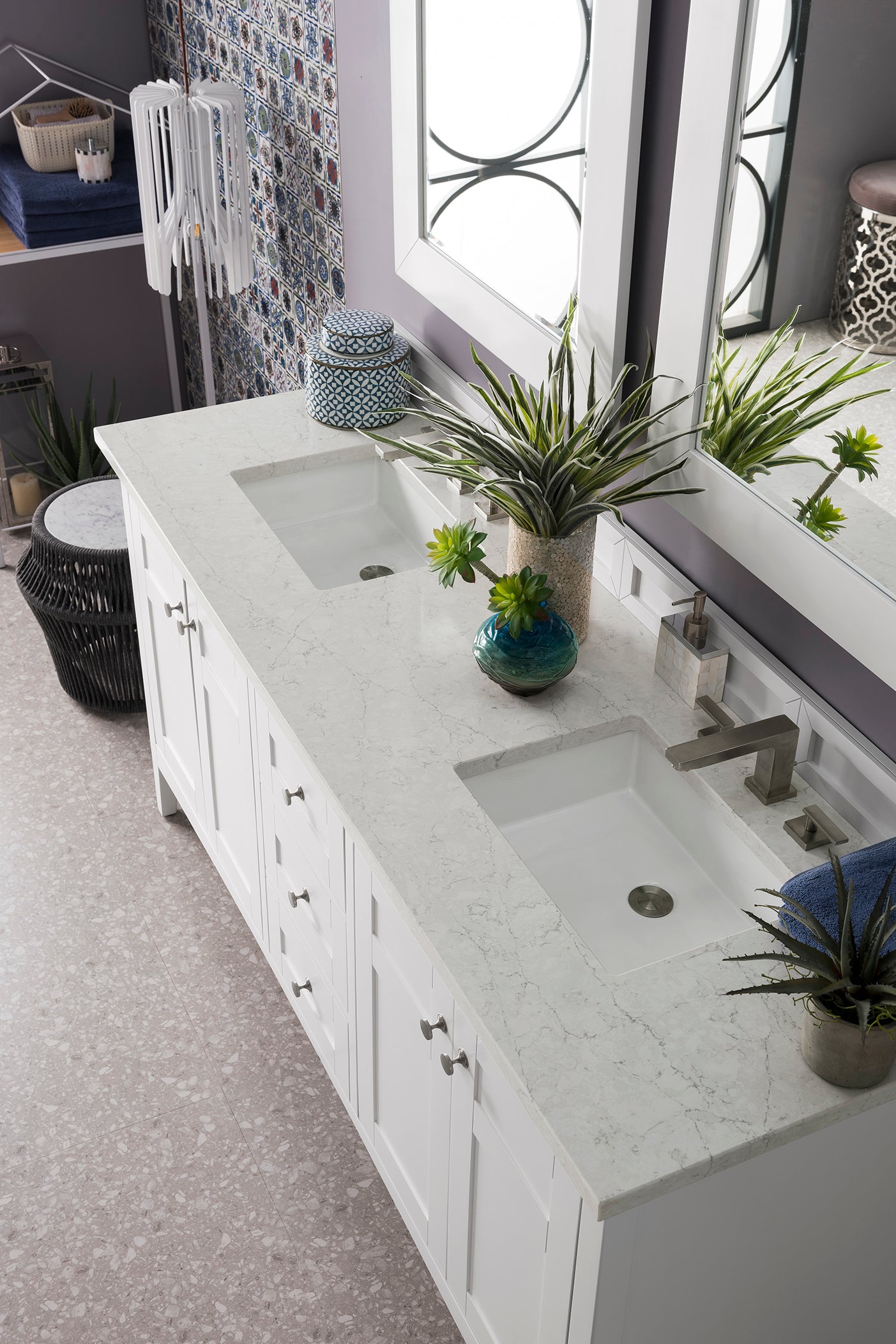 Palisades 72" Double Vanity, Bright White, w/ 3 CM Eternal Jasmine Pearl Quartz Top James Martin Vanities