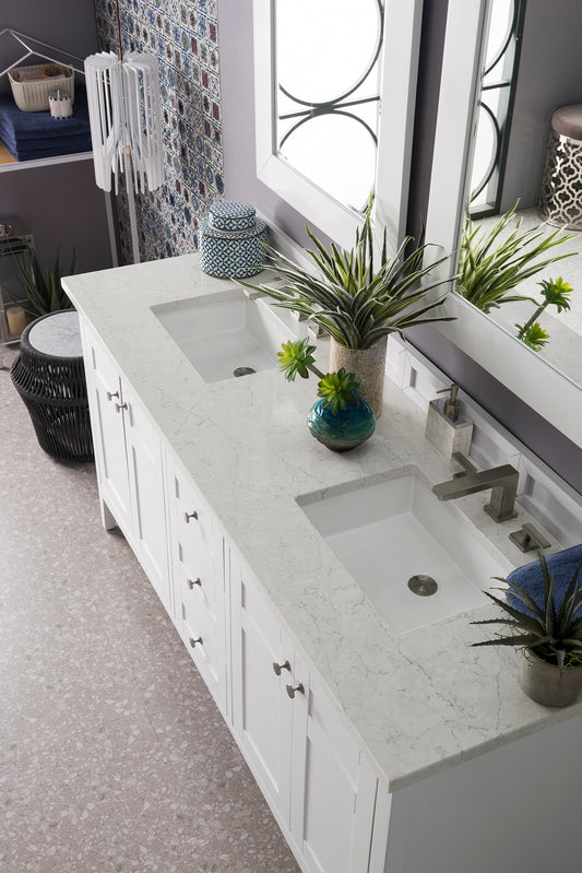 Palisades 72" Double Vanity, Bright White, w/ 3 CM Eternal Jasmine Pearl Quartz Top James Martin Vanities