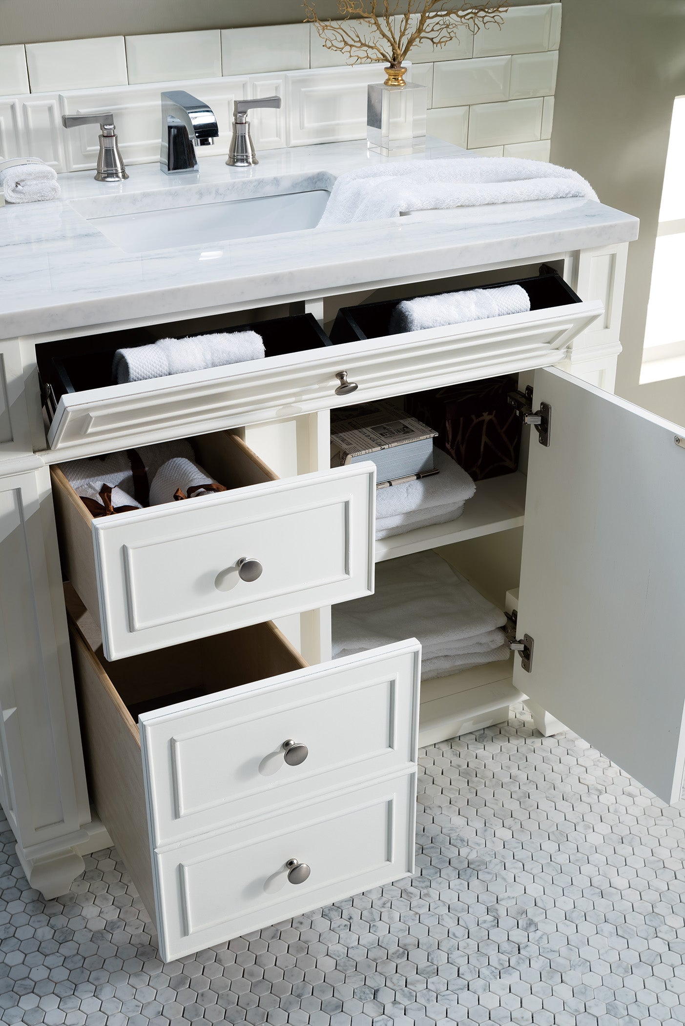 Bathroom Vanities Outlet Atlanta Renovate for LessBristol 36" Single Vanity, Bright White, w/ 3 CM Arctic Fall Solid Surface Top