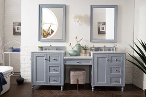 Copper Cove Encore 86" Double Vanity Set, Silver Gray w/ Makeup Table, 3 CM White Zeus Quartz Top James Martin Vanities