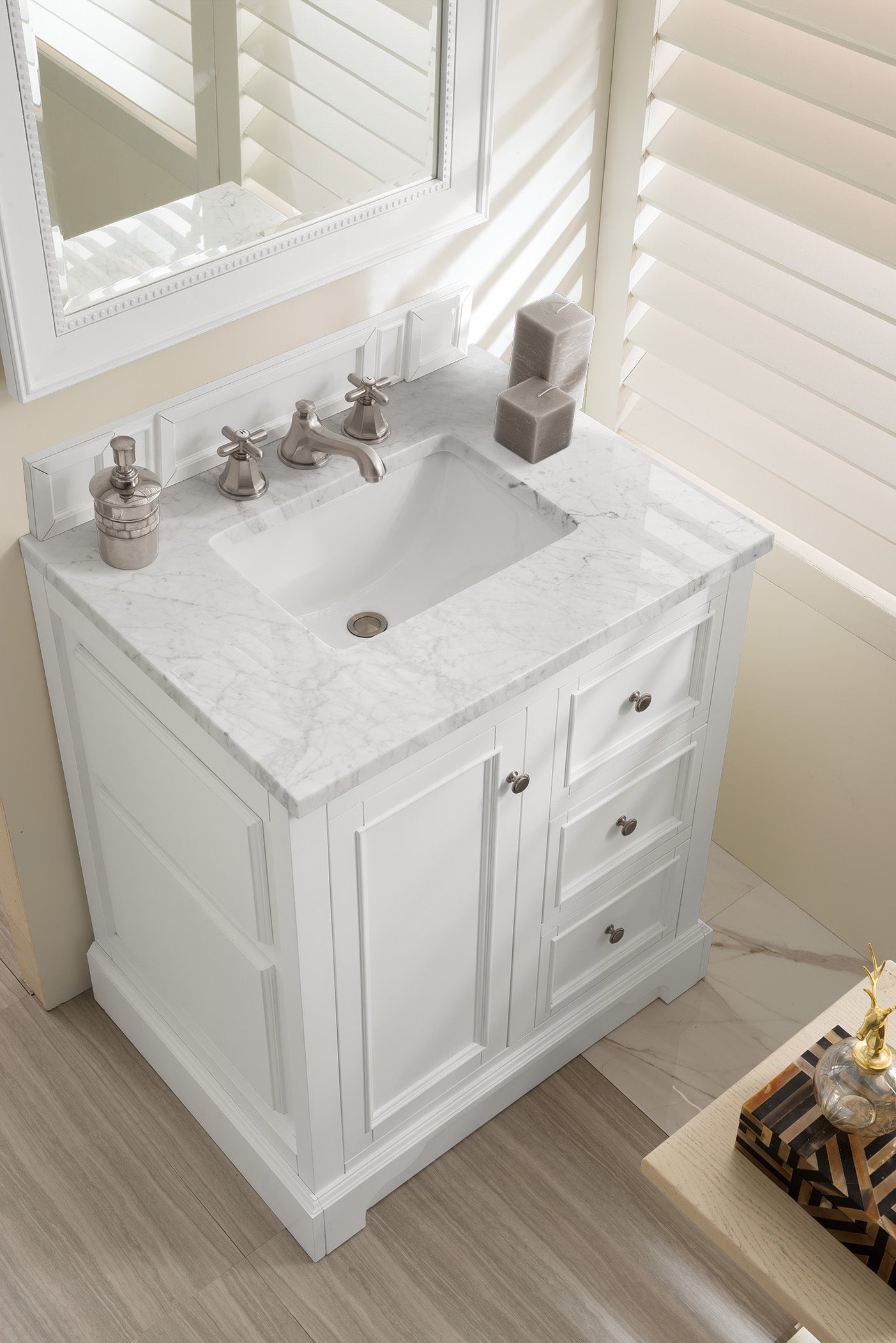 De Soto 30" Single Vanity, Bright White w/ 3 CM Carrara Marble Top James Martin Vanities