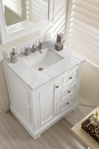 De Soto 30" Single Vanity, Bright White w/ 3 CM Carrara Marble Top James Martin Vanities