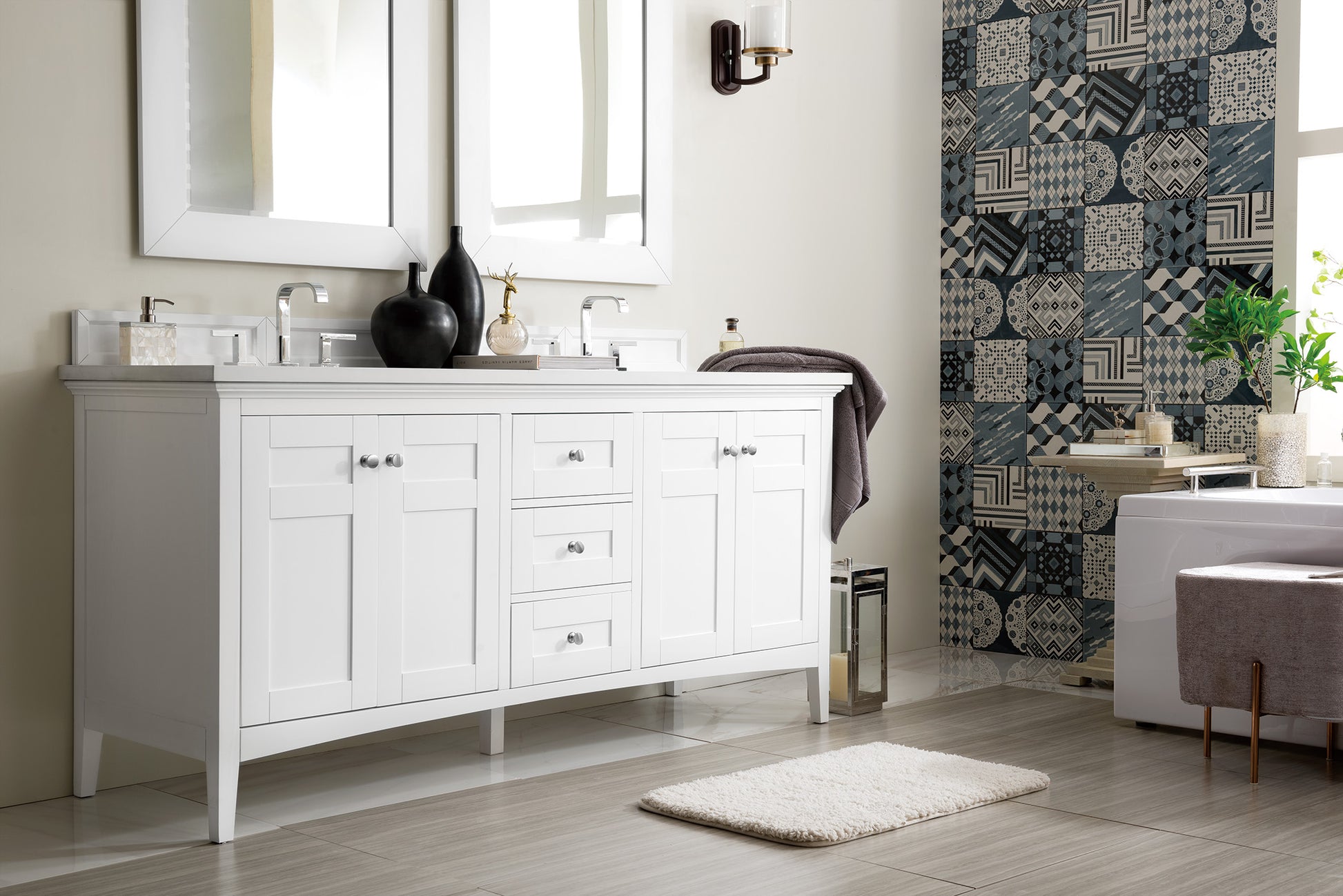 Palisades 72" Double Vanity, Bright White, w/ 3 CM White Zeus Quartz Top James Martin Vanities