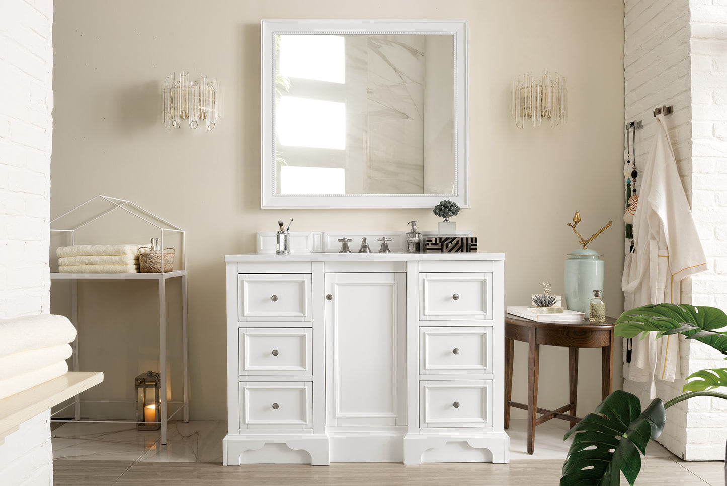 De Soto 48" Single Vanity, Bright White w/ 3 CM White Zeus Quartz Top James Martin Vanities