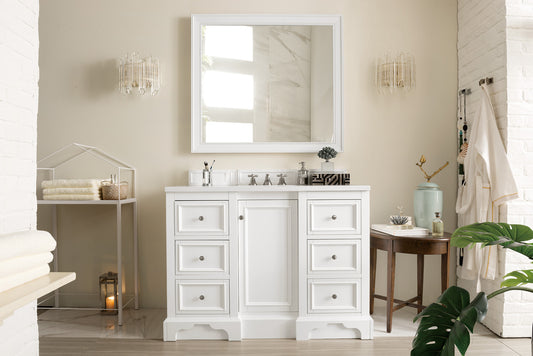 De Soto 48" Single Vanity, Bright White w/ 3 CM White Zeus Quartz Top James Martin Vanities