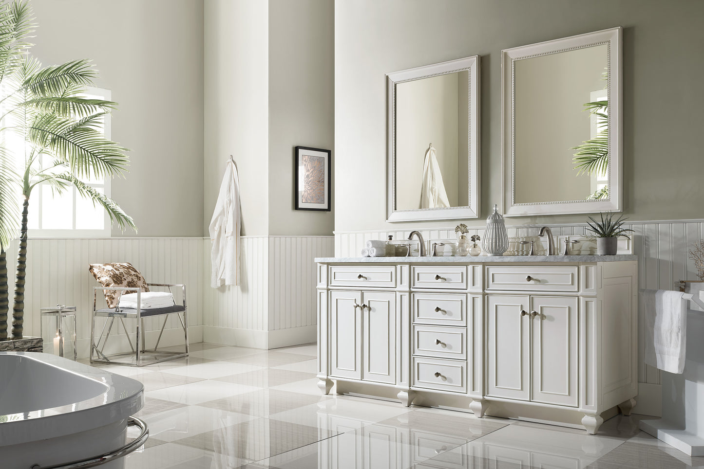 Bristol 72" Double Vanity, Bright White, w/ 3 CM Carrara Marble Top James Martin Vanities