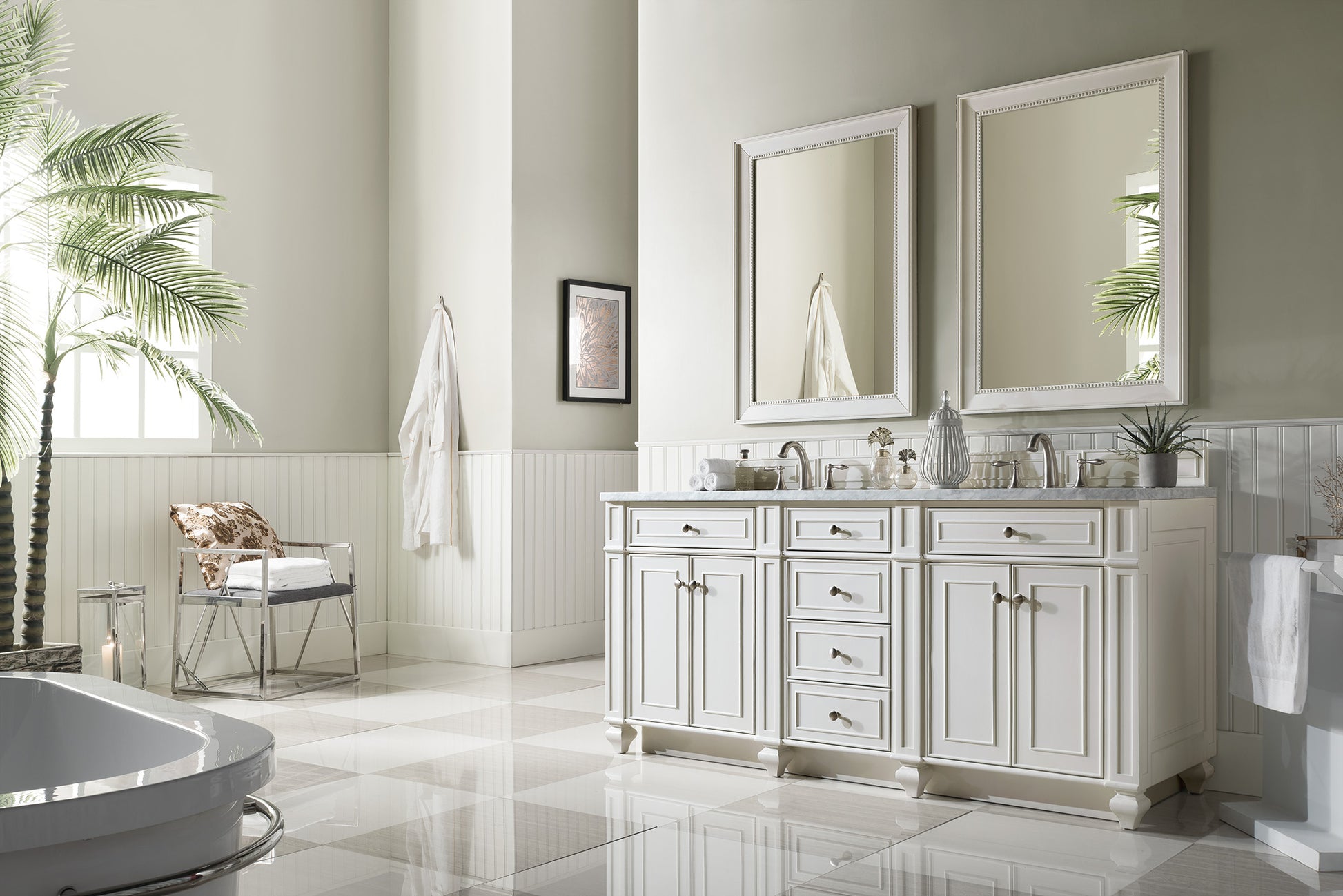 Bristol 72" Double Vanity, Bright White, w/ 3 CM Carrara Marble Top James Martin Vanities