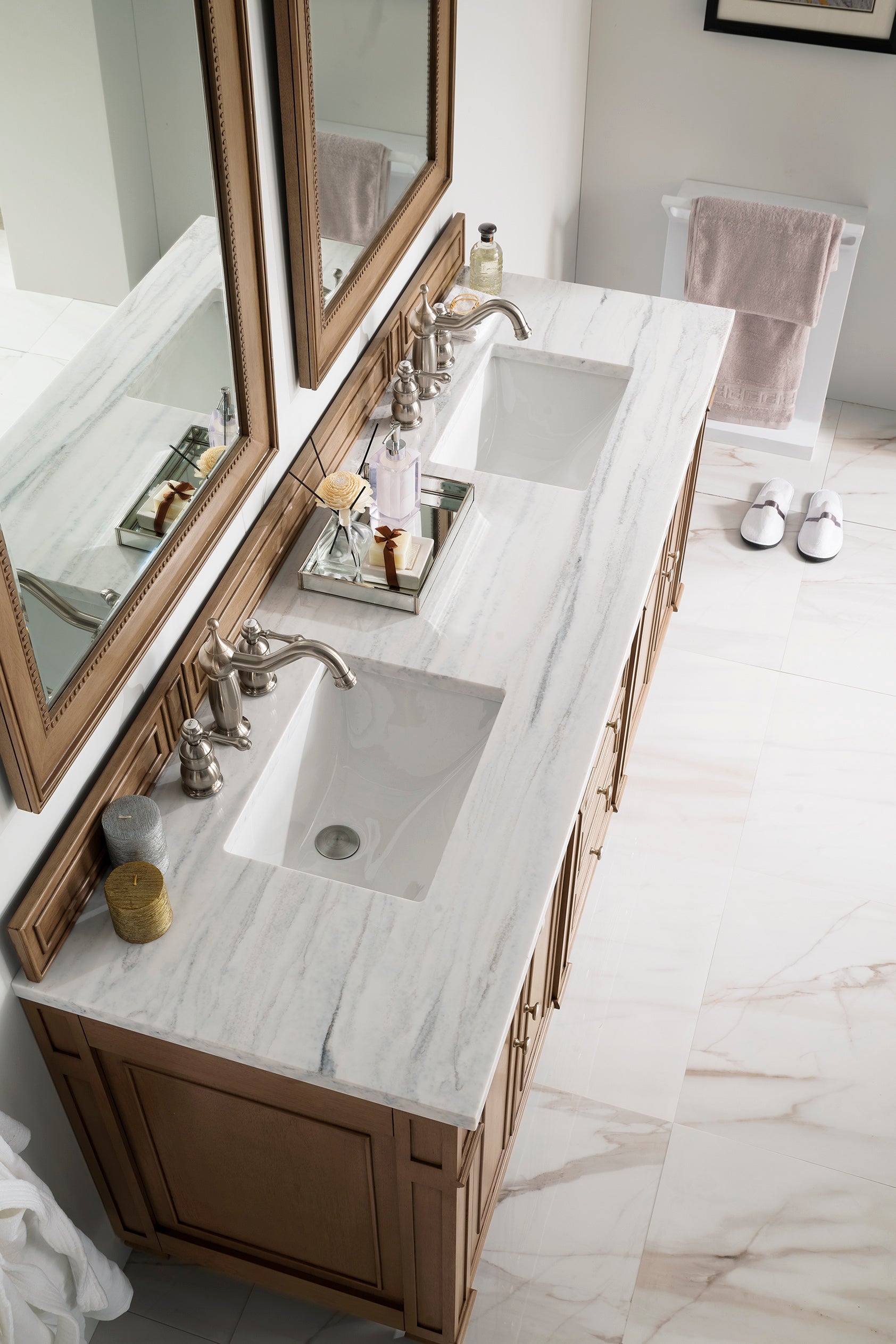 Bathroom Vanities Outlet Atlanta Renovate for LessBristol 72" Double Vanity, Whitewashed Walnut, w/ 3 CM Arctic Fall Solid Surface Top