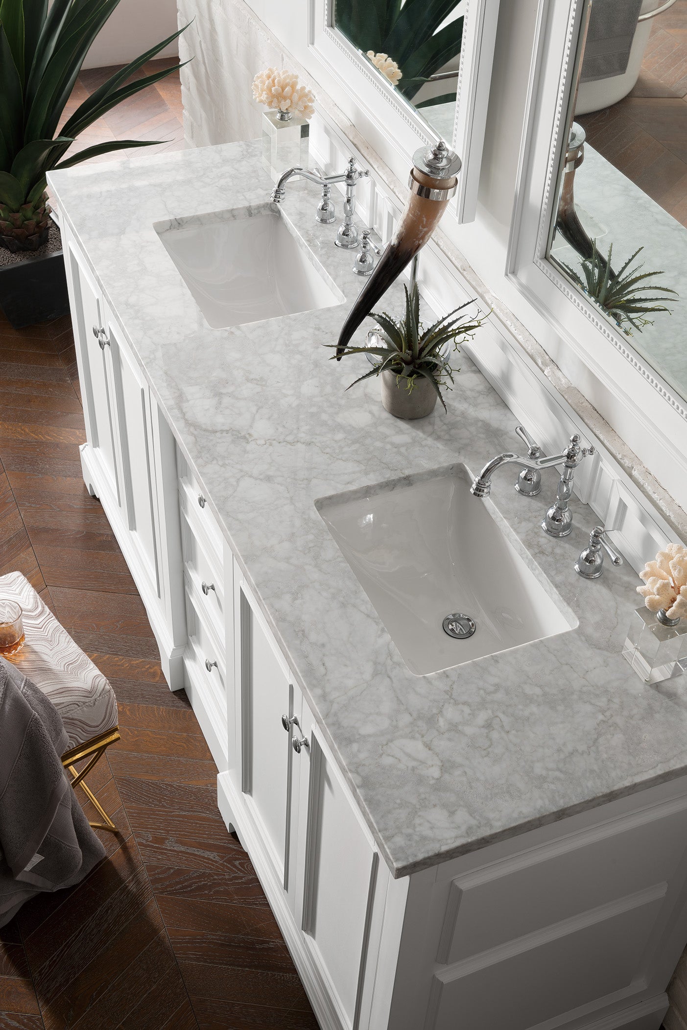 De Soto 72" Double Vanity, Bright White w/ 3 CM Carrara Marble Top James Martin Vanities