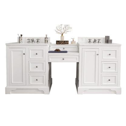 De Soto 82" Double Vanity Set, Bright White w/ Makeup Table, 3 CM Arctic Fall Solid Surface Top James Martin Vanities