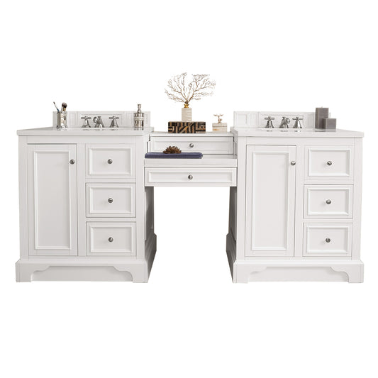 De Soto 82" Double Vanity Set, Bright White w/ Makeup Table, 3 CM Arctic Fall Solid Surface Top James Martin Vanities