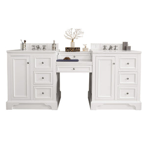 De Soto 82" Double Vanity Set, Bright White w/ Makeup Table, 3 CM White Zeus Quartz Top James Martin Vanities