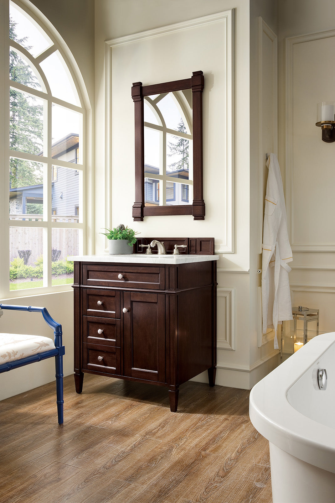 Brittany 30" Single Vanity, Burnished Mahogany w/ 3 CM Carrara Marble Top James Martin Vanities