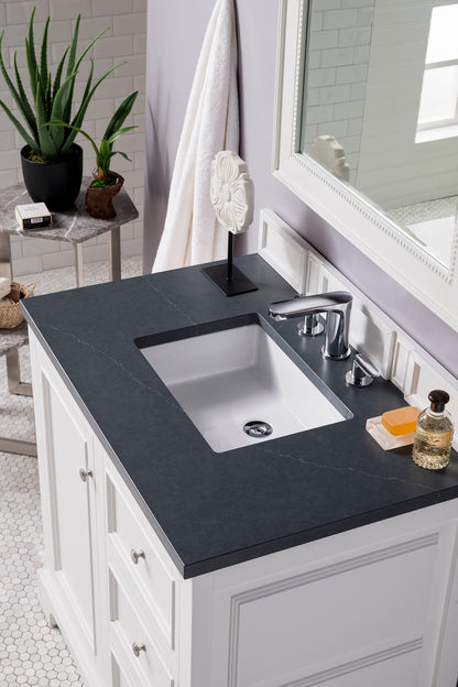 De Soto 36" Single Vanity, Bright White w/ 3 CM Charcoal Soapstone Quartz Top James Martin Vanities