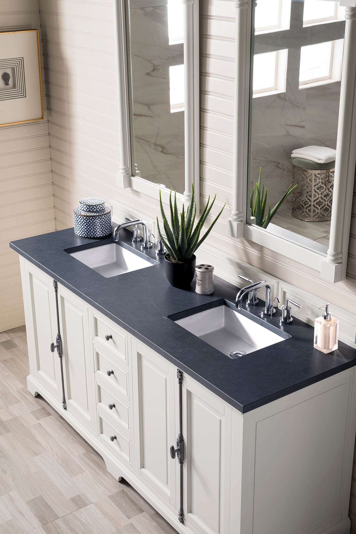 Providence 72" Double Vanity Cabinet, Bright White, w/ 3 CM Charcoal Soapstone Quartz Top James Martin
