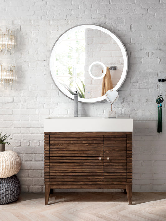 Linear 36" Single Vanity, Mid Century Walnut w/ Glossy White Composite Top James Martin Vanities