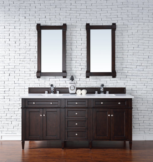 Brittany 72" Burnished Mahogany Double Vanity w/ 3 CM White Zeus Quartz Top James Martin Vanities