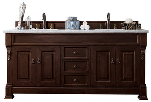 Brookfield 72" Double Vanity, Burnished Mahogany w/ 3 CM Arctic Fall Solid Surface Top James Martin Vanities