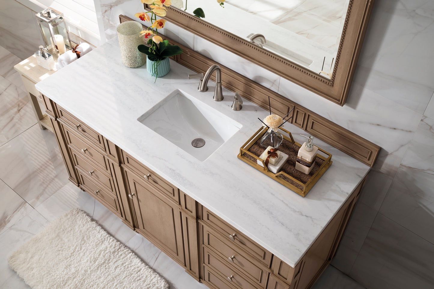 Bathroom Vanities Outlet Atlanta Renovate for LessBristol 60" Single Vanity, Whitewashed Walnut, w/ 3 CM Arctic Fall Solid Surface Top
