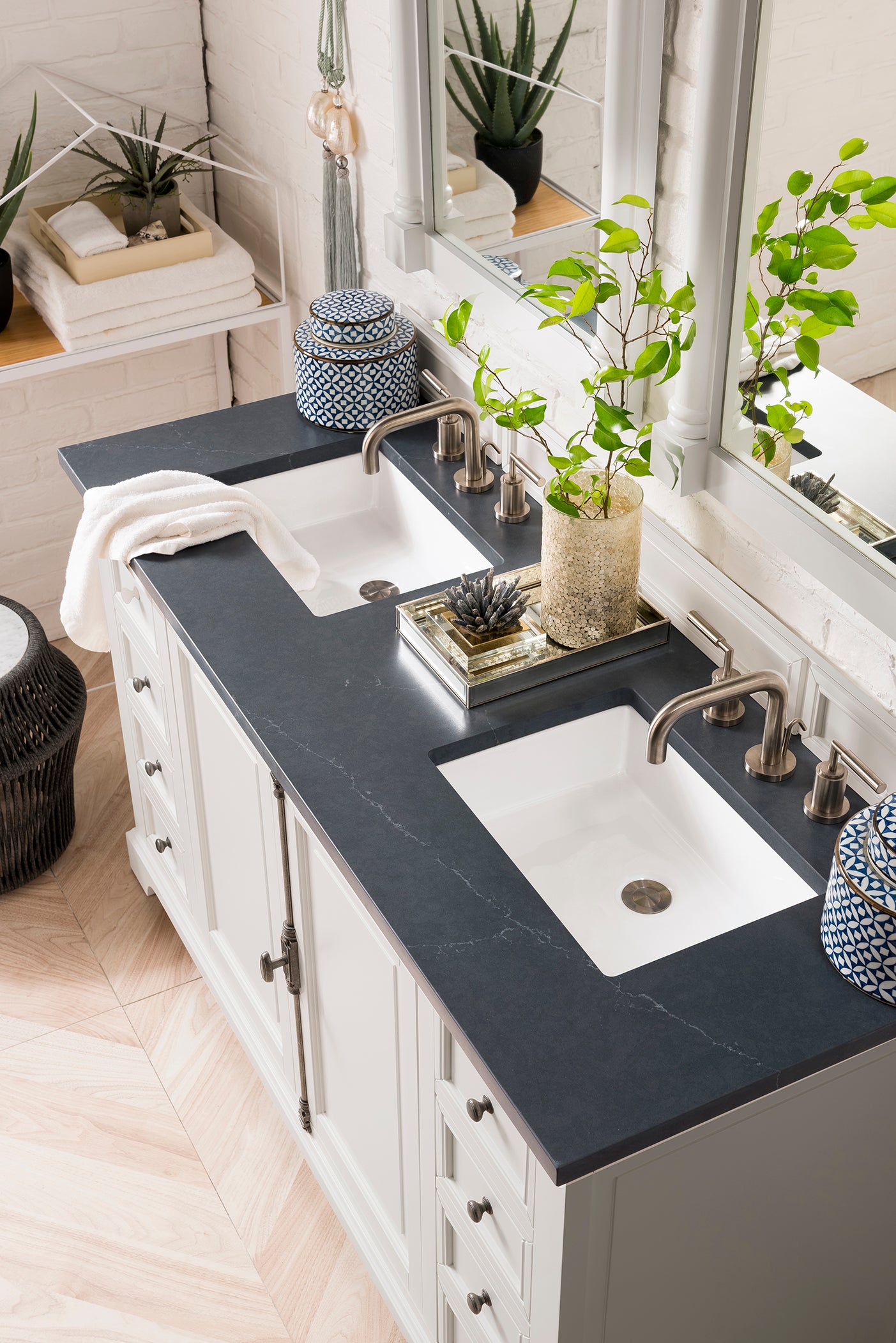 Providence 60" Double Vanity Cabinet, Bright White, w/ 3 CM Charcoal Soapstone Quartz Top James Martin