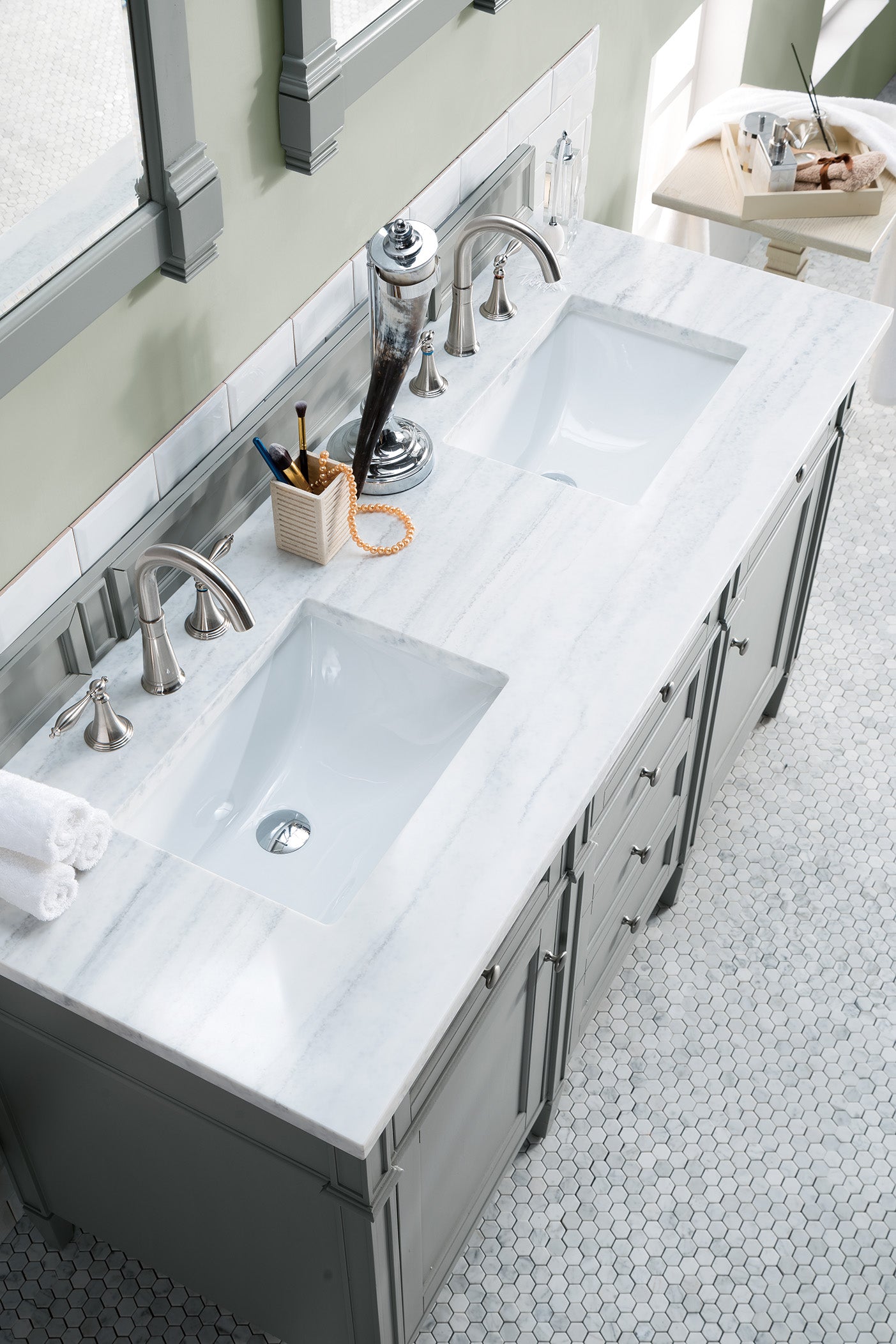 Brittany 60" Urban Gray Double Vanity w/ 3 CM Arctic Fall Solid Surface Top James Martin Vanities