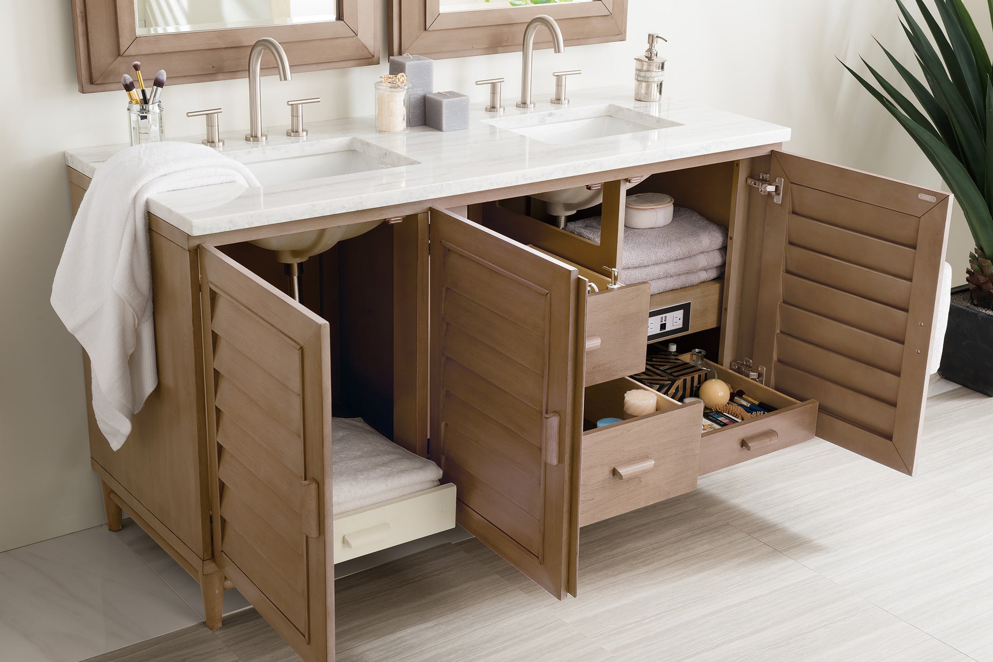Portland 60" Double Vanity Whitewashed Walnut w/ 3 CM Arctic Fall Solid Surface Top James Martin Vanities