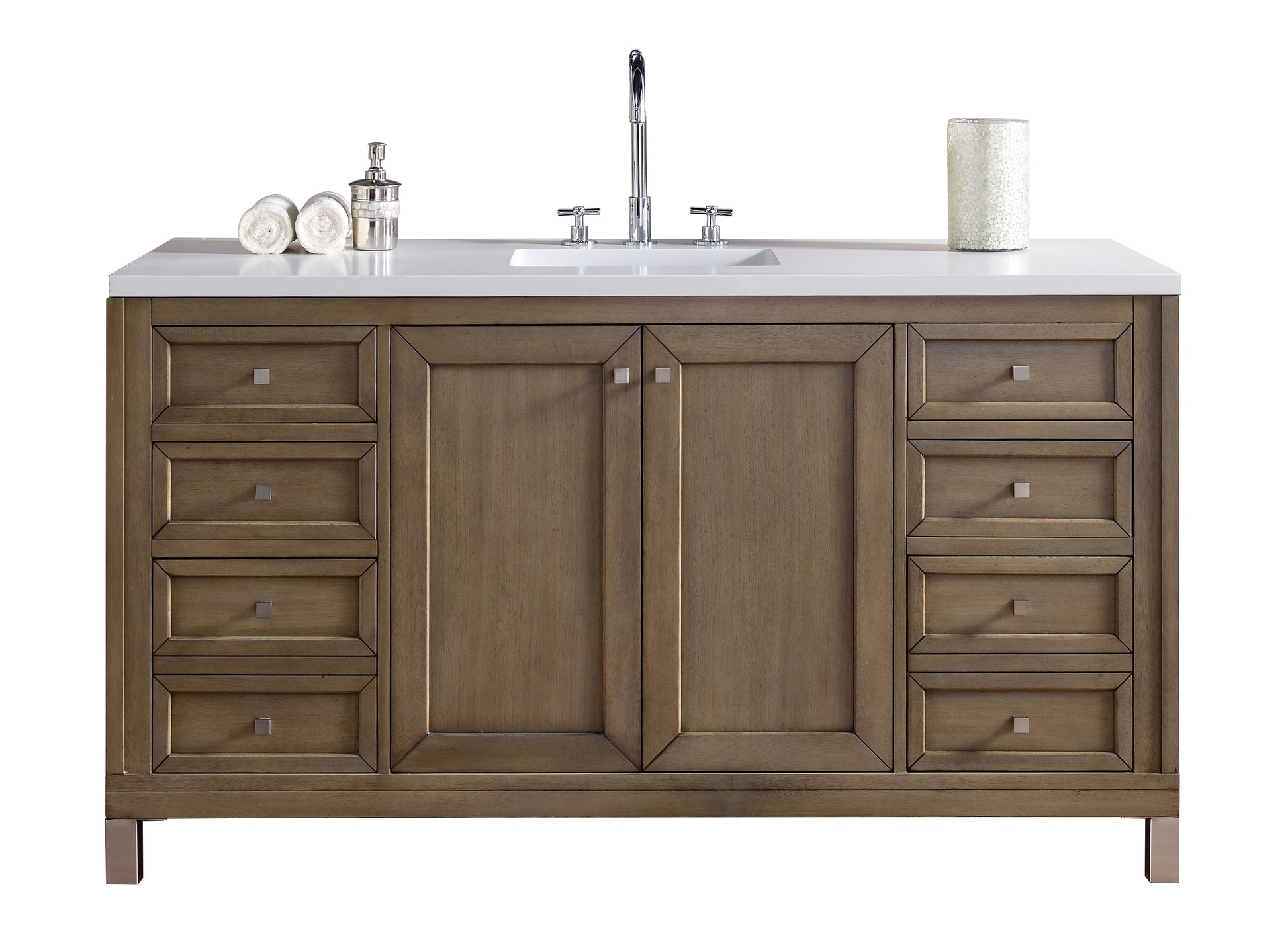 Chicago 60" Single Vanity, Whitewashed Walnut w/ 3 CM White Zeus Quartz Top James Martin Vanities