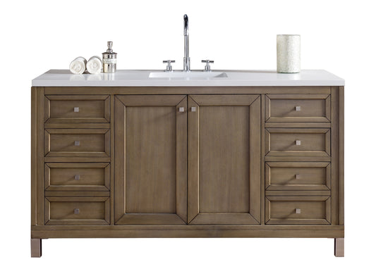 Chicago 60" Single Vanity, Whitewashed Walnut w/ 3 CM White Zeus Quartz Top James Martin Vanities