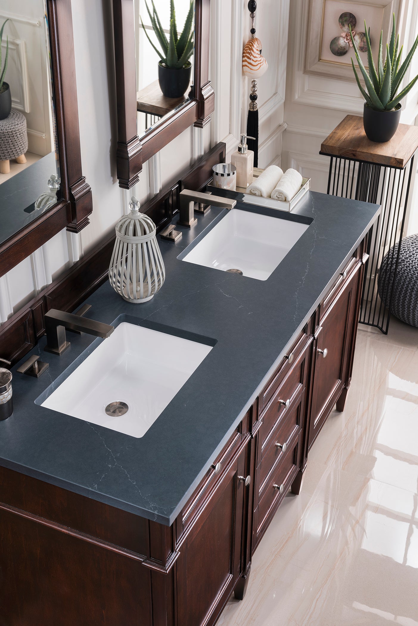 Brittany 60" Burnished Mahogany Double Vanity w/ 3 CM Charcoal Soapstone Quartz Top James Martin Vanities