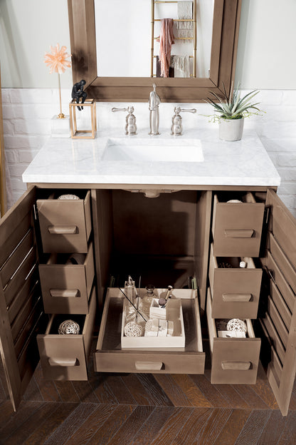 Portland 36" Single Vanity Whitewashed Walnut w/ 3 CM Carrara Marble Top James Martin Vanities