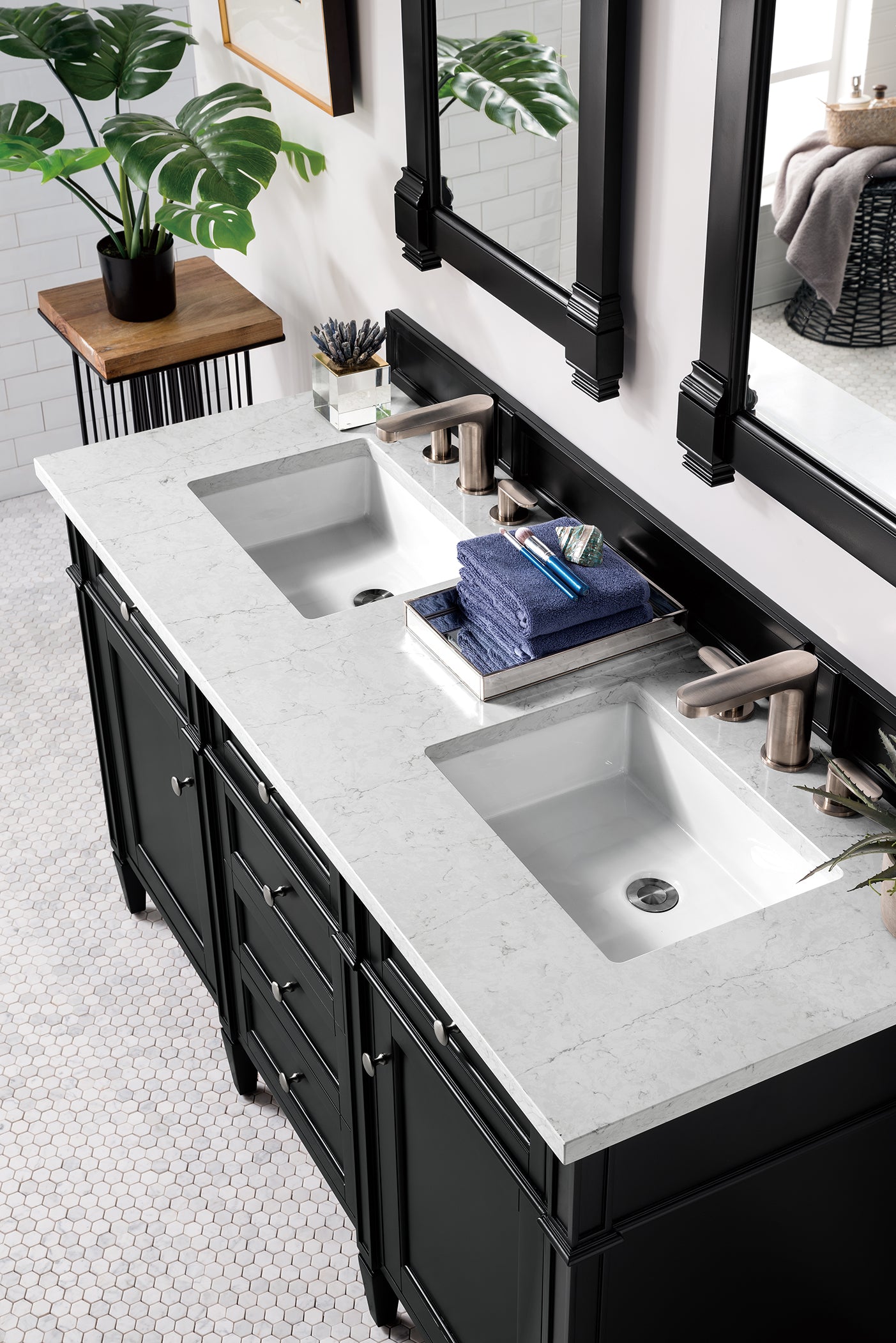Brittany 60" Black Onyx Double Vanity w/ 3 CM Eternal Jasmine Pearl Quartz Top James Martin Vanities