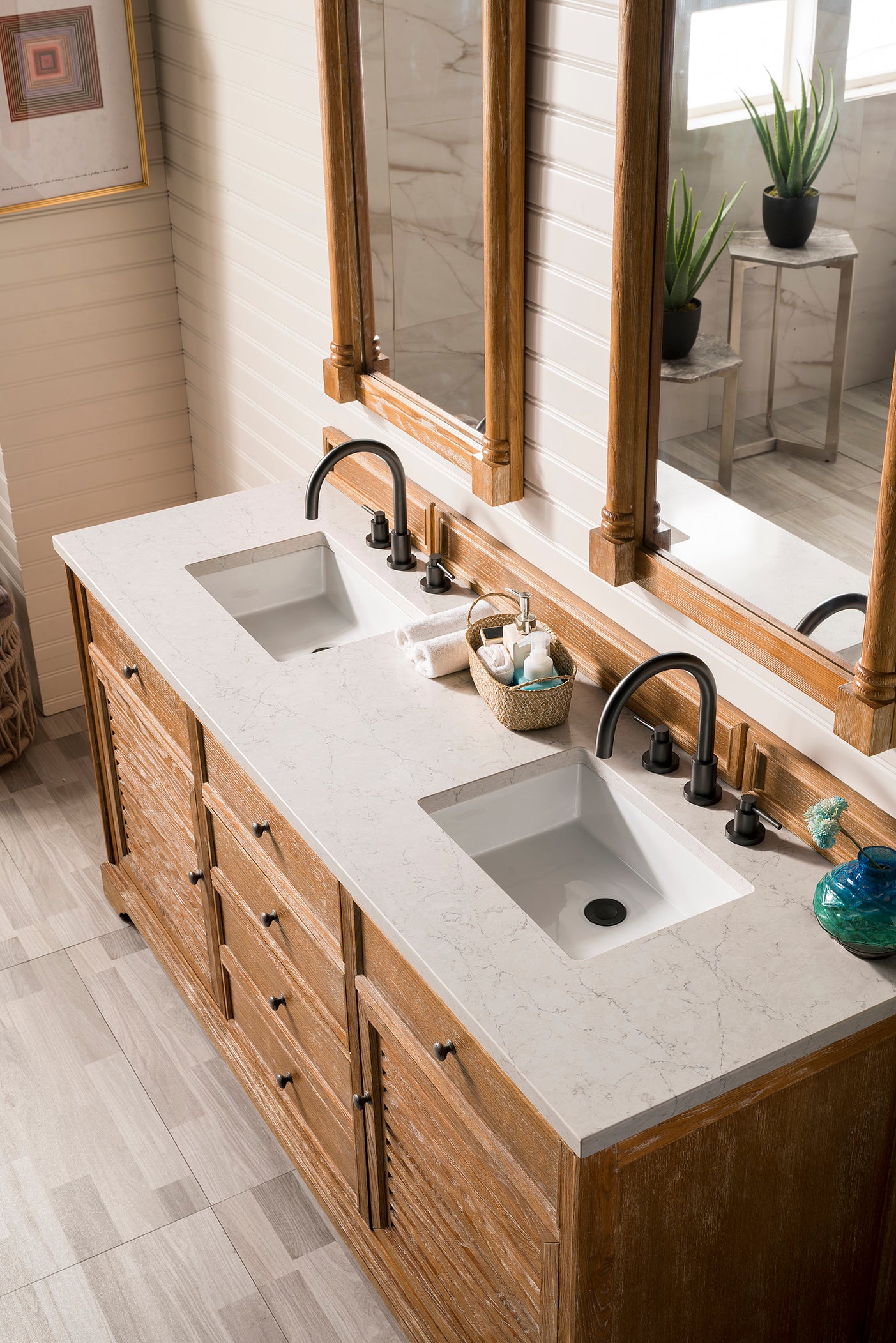 Savannah 72" Double Vanity Cabinet, Driftwood, w/ 3 CM Eternal Jasmine Pearl Quartz Top James Martin Vanities