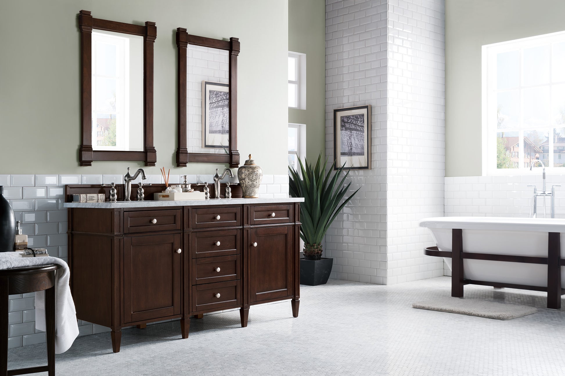 Brittany 60" Burnished Mahogany Double Vanity w/ 3 CM Carrara Marble Top James Martin Vanities