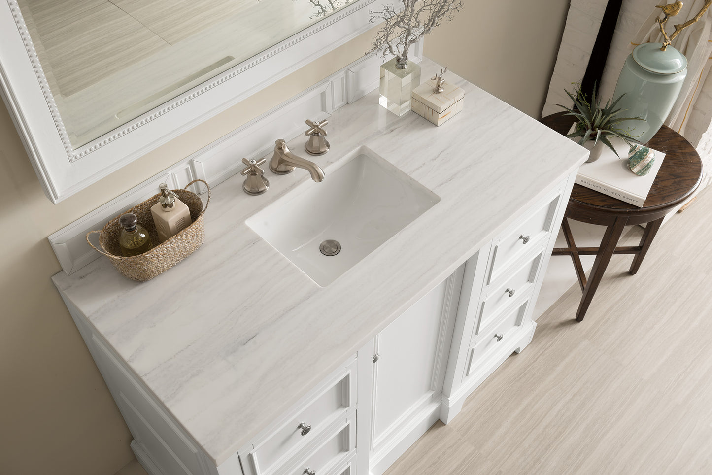De Soto 48" Single Vanity, Bright White w/ 3 CM Arctic Fall Solid Surface Top James Martin Vanities