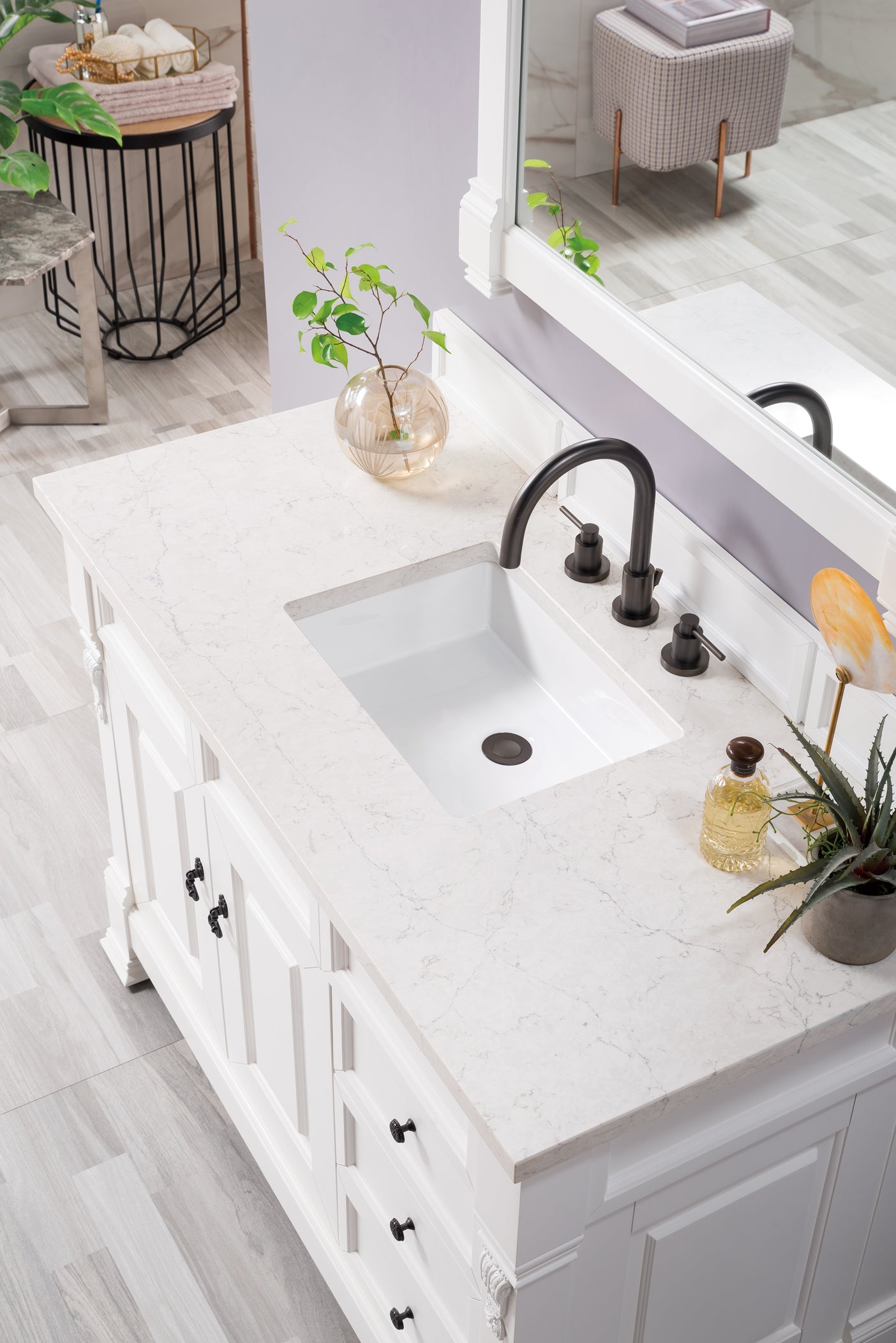 Brookfield 48" Single Vanity, Bright White w/ 3 CM Eternal Jasmine Pearl Quartz Top James Martin Vanities