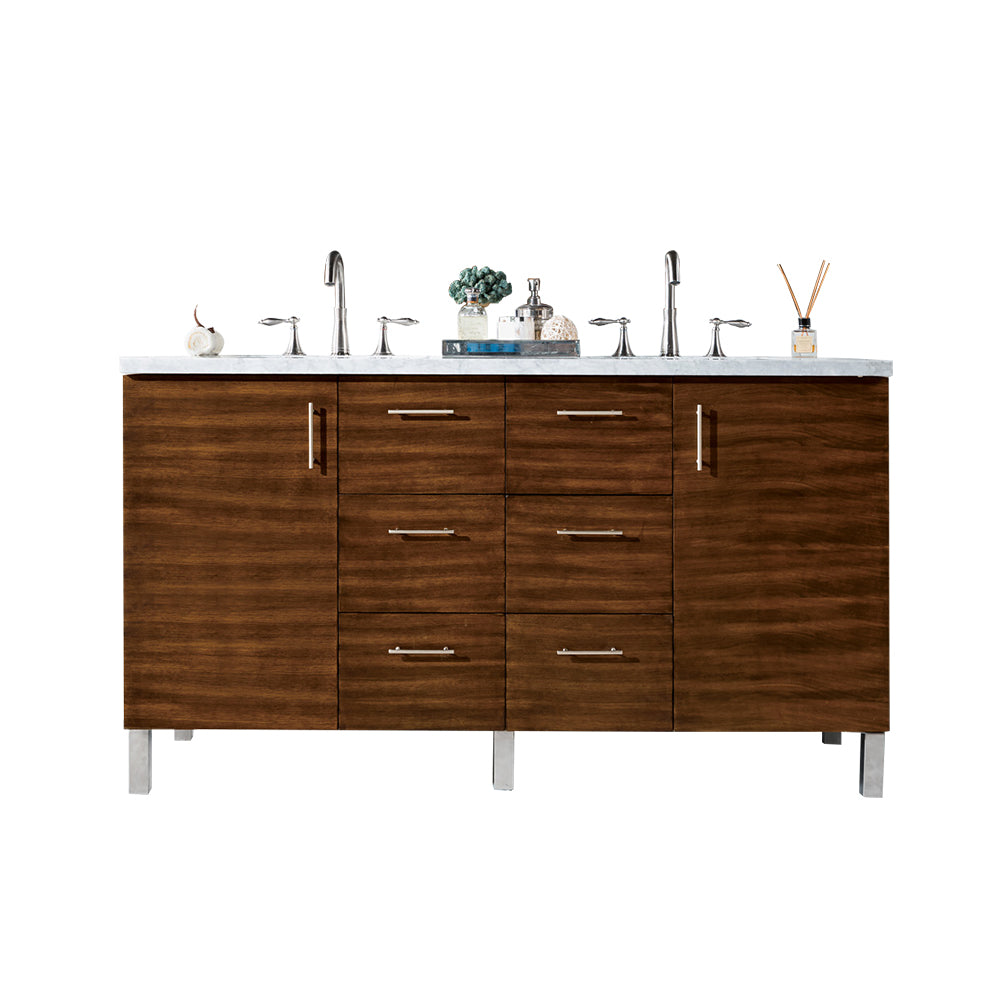 Metropolitan 60" American Walnut Double Vanity w/ 3 CM Carrara Marble Top James Martin Vanities