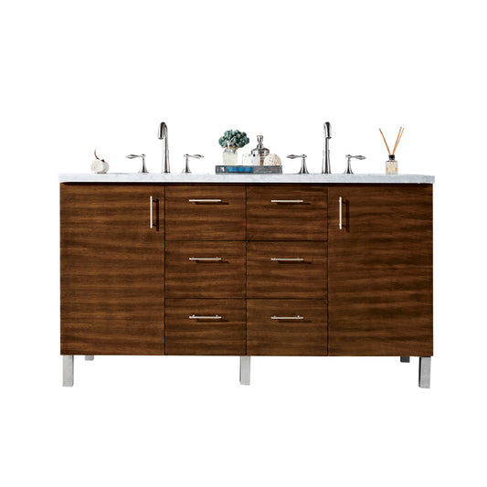 Metropolitan 60" American Walnut Double Vanity w/ 3 CM Arctic Fall Solid Surface Top James Martin Vanities
