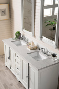 Providence 72" Double Vanity Cabinet, Bright White, w/ 3 CM Eternal Jasmine Pearl Quartz Top James Martin