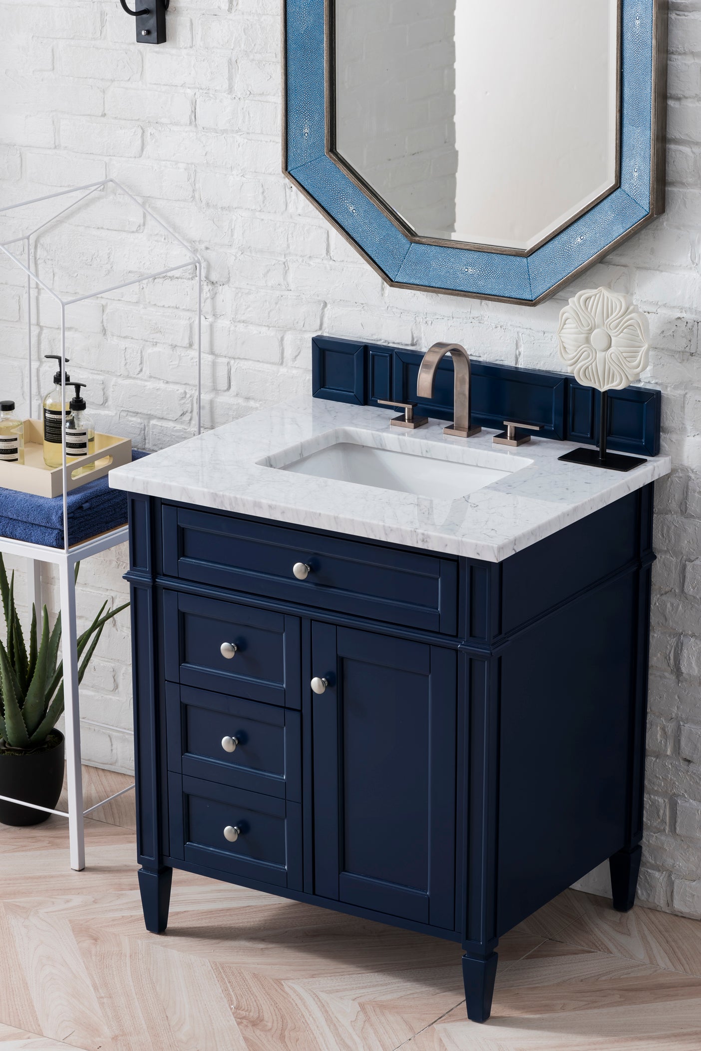Brittany 30" Single Vanity, Victory Blue w/ 3 CM Carrara Marble Top James Martin Vanities
