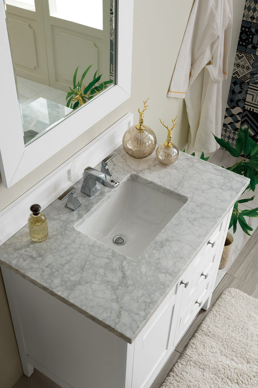 Palisades 36" Single Vanity, Bright White w/ 3 CM Carrara Marble Top James Martin Vanities