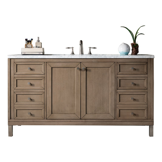 Chicago 60" Single Vanity, Whitewashed Walnut w/ 3 CM Arctic Fall Solid Surface Top James Martin Vanities