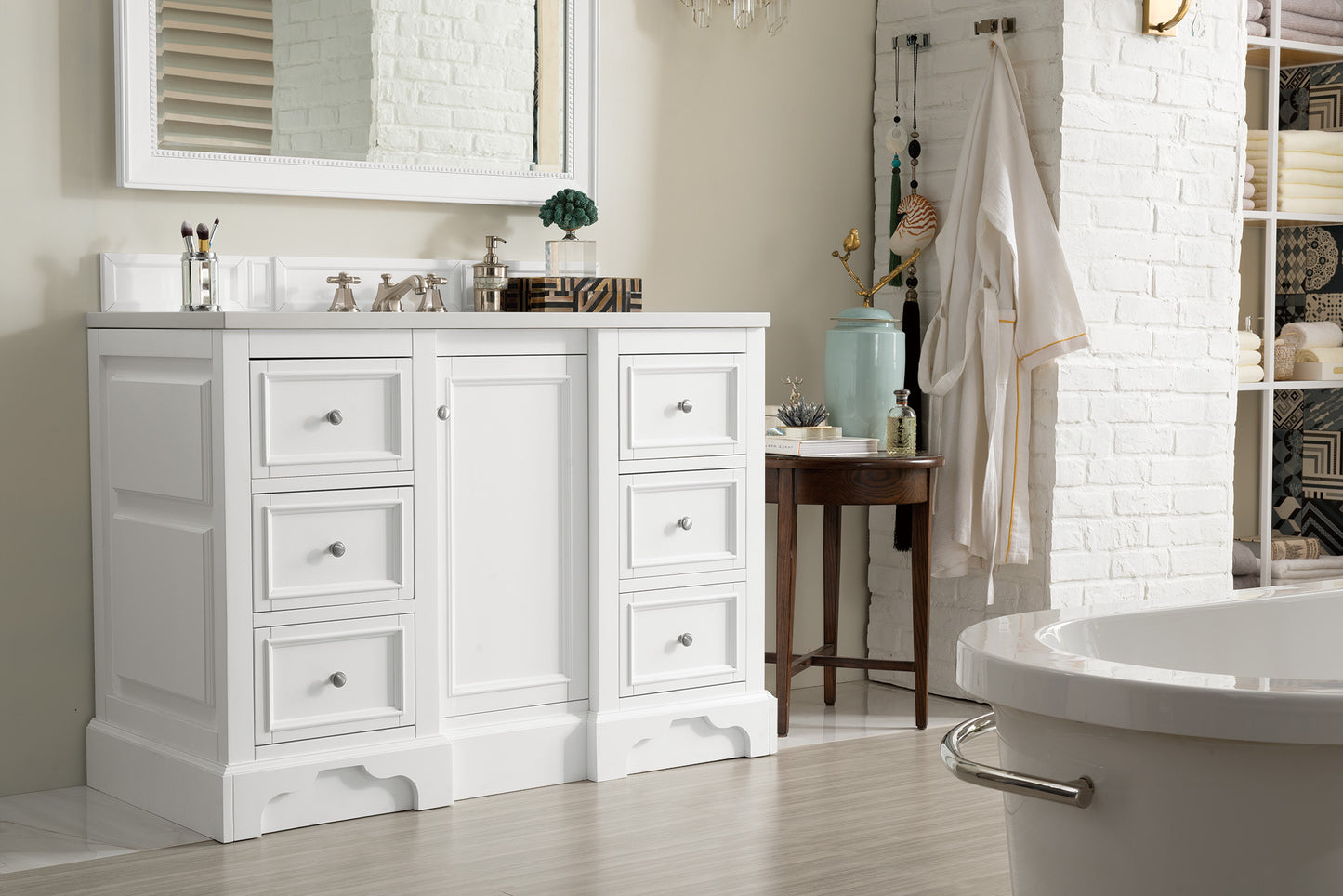 De Soto 48" Single Vanity, Bright White w/ 3 CM White Zeus Quartz Top James Martin Vanities