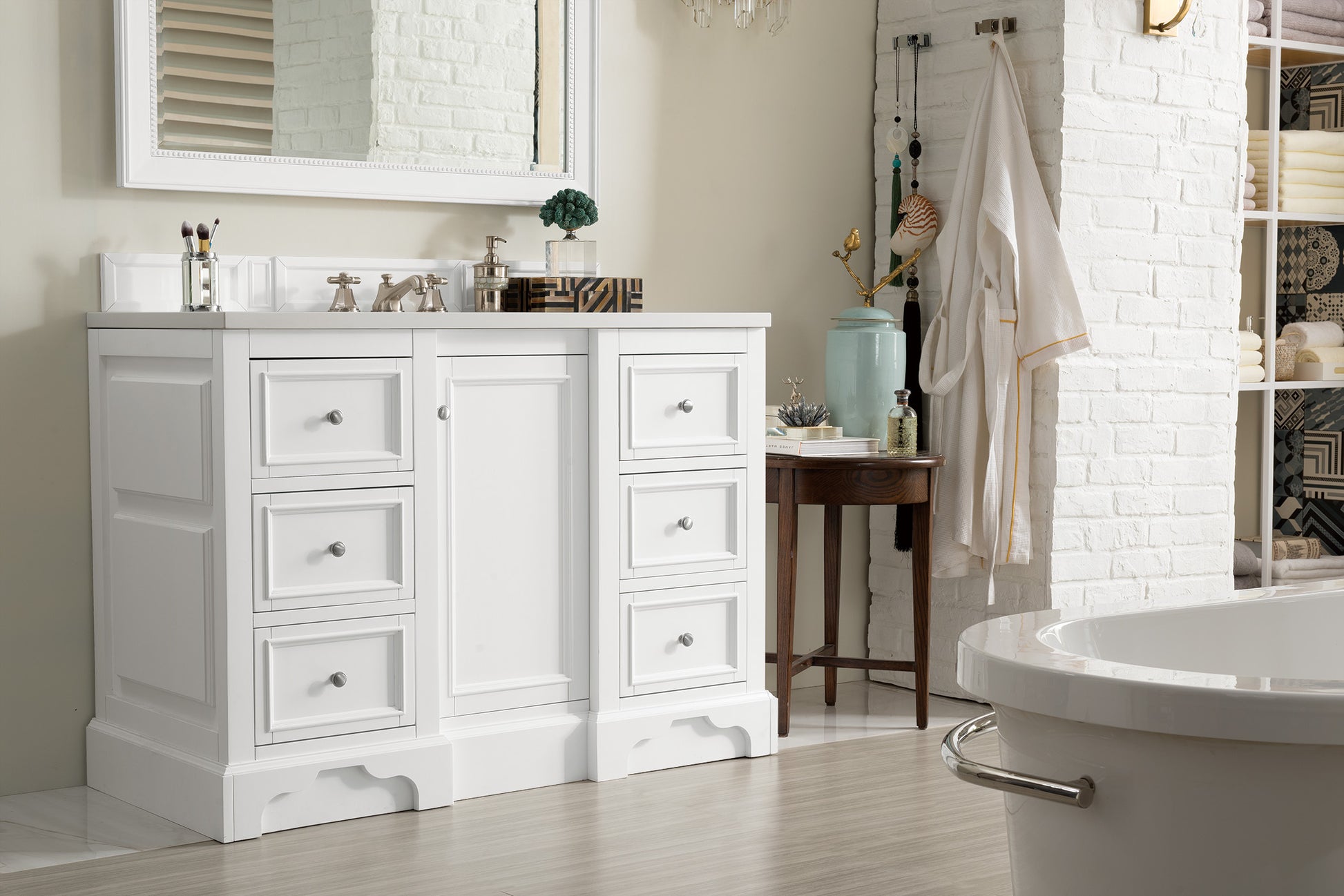 De Soto 48" Single Vanity, Bright White w/ 3 CM White Zeus Quartz Top James Martin Vanities