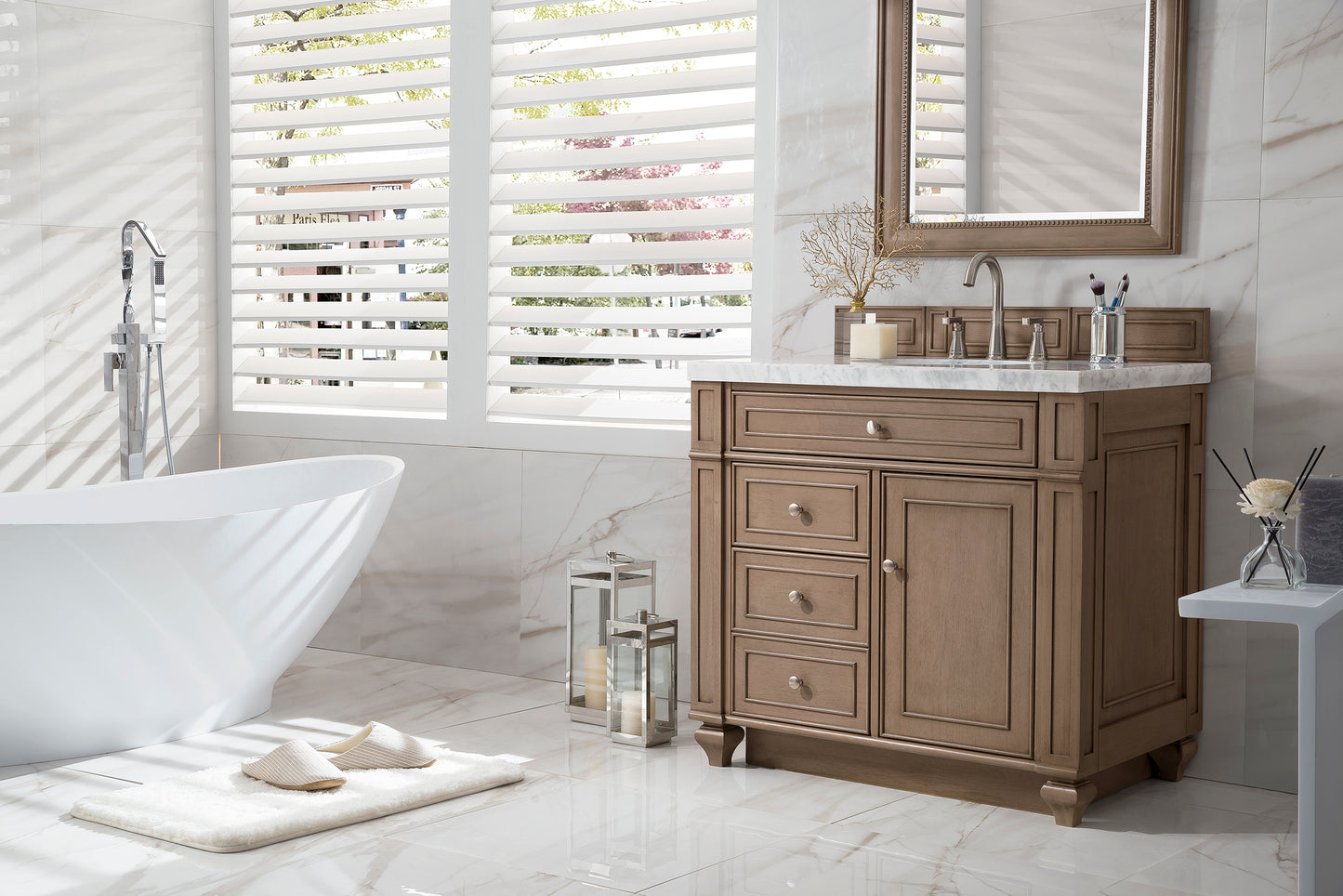 Bristol 36" Single Vanity, Whitewashed Walnut, w/ 3 CM Arctic Fall Solid Surface Top James Martin Vanities