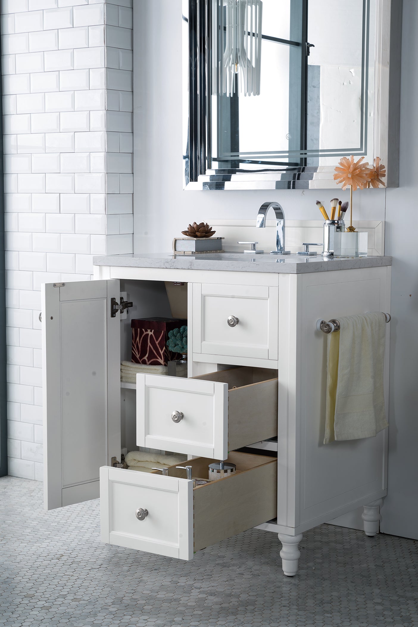 Copper Cove Encore 30" Single Vanity, Bright White w/ 3 CM Eternal Jasmine Pearl Quartz Top James Martin Vanities
