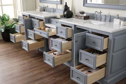 De Soto 118" Double Vanity Set, Silver Gray w/ Makeup Table, 3 CM Arctic Fall Solid Surface Top James Martin Vanities