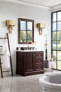 De Soto 36" Single Vanity, Burnished Mahogany, w/ 3 CM Classic White Quartz Top James Martin